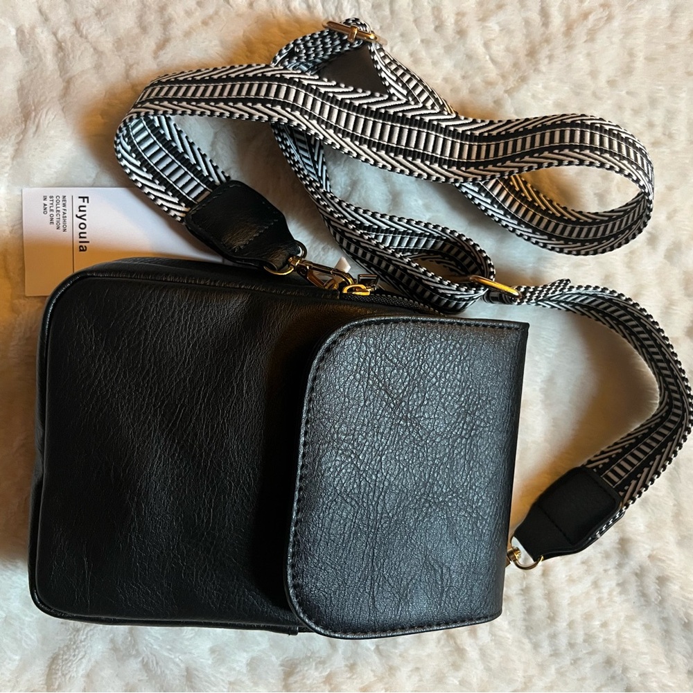 Black Crossbody Bag with Patterned Strap